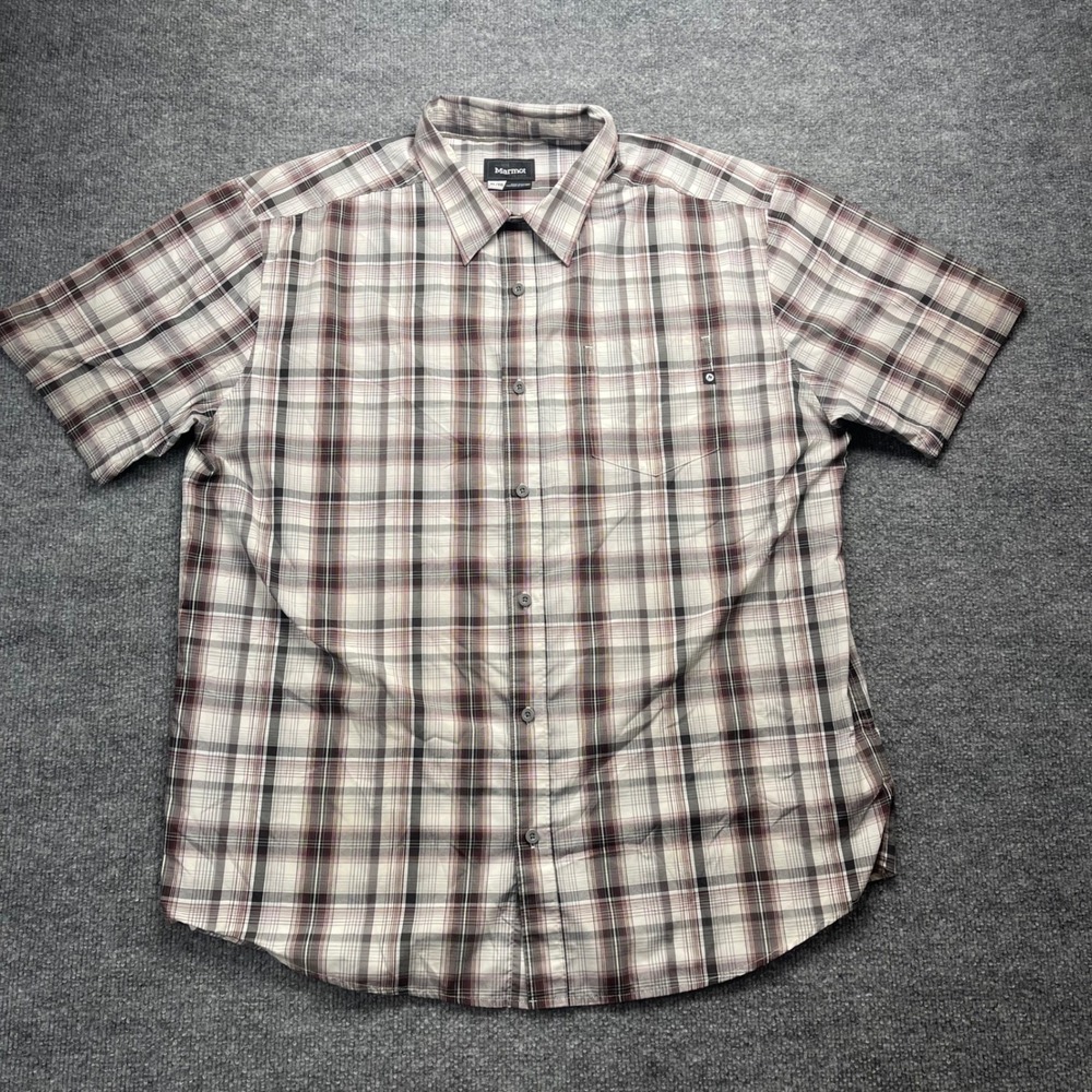 Marmot Mens XL Short Sleeve Plaid Button Up Shirt Burgundy Grey Hiking Outdoor